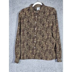 Vintage‎ Liz Baker Blouse Top Womens Size 16 Brown Black Animal Print Button Up